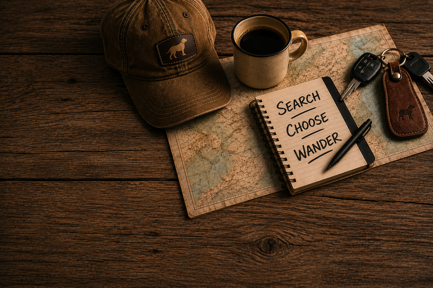 TrailHound field notebook reading Search, Choose, Wander beside a coffee mug, cap, map, and keys